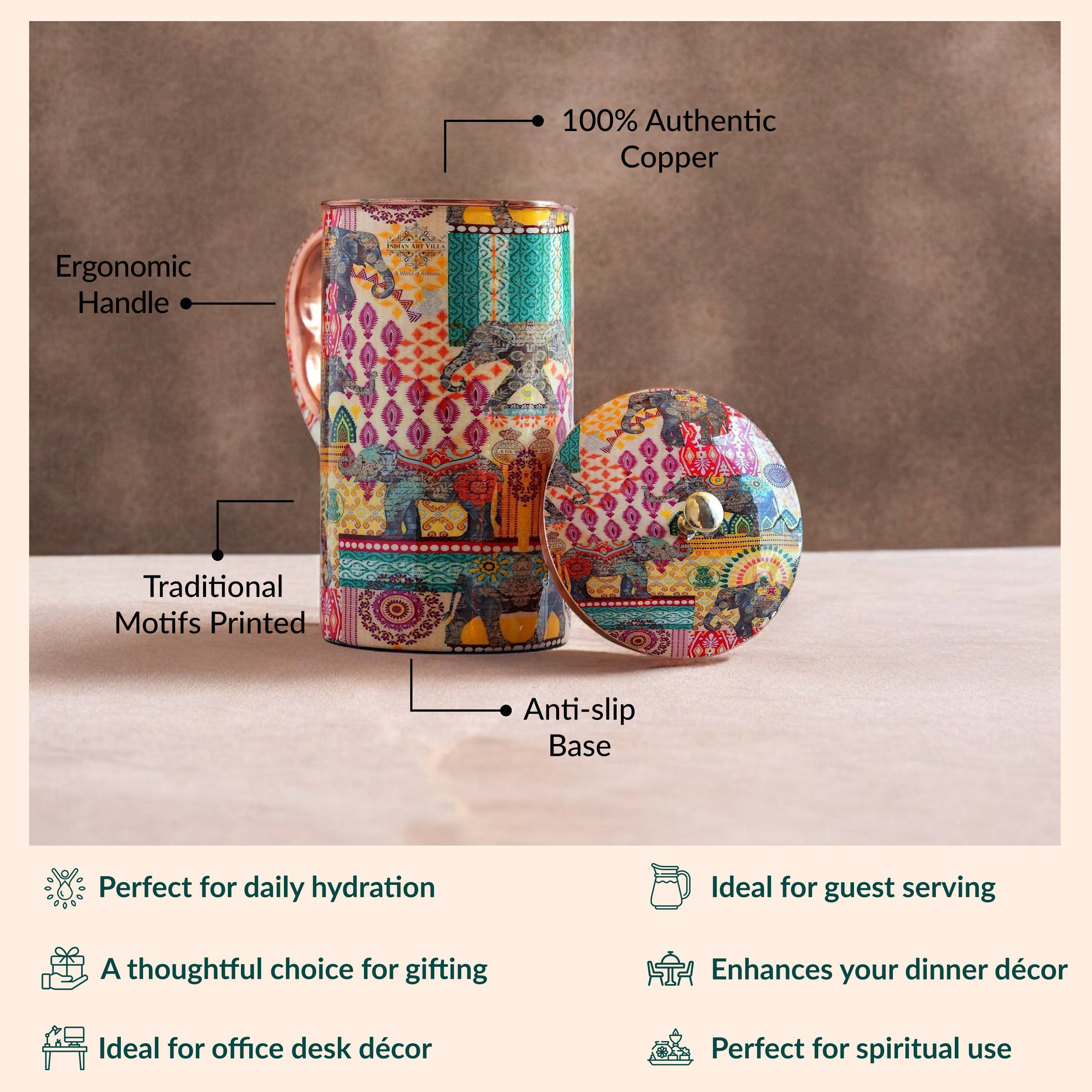 Pure copper printed jug padharo mhare desh design traditional print, 1250 ML
